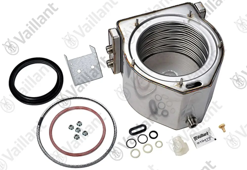 Vaillant Wärmetauscher mit mehreren Dichtungen, Schrauben und Montagematerial auf einem weißen Hintergrund.